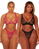 Millie-Mae Twin Pack Triangle Bralettes & Thong Set : Black & Very Cherry