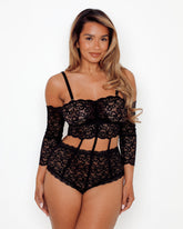 Tutti Rouge Alix Bodysuit in Midnight Black with adjustable straps, floral lace cups and flattering plus size lingerie styling.