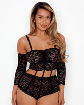 Tutti Rouge Alix Bodysuit in Midnight Black with adjustable straps, floral lace cups and flattering plus size lingerie styling.