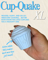 Light blue cupcake-shaped discrete sex toy held in a hand with promotional text on a beige background
