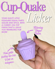 Purple cup-shaped toy labeled 'Cup-Quake Licker' held by a hand with text describing its features.