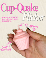 Pink cupcake-shaped discrete sex toy with text on a beige background