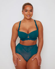 Front view of the Daley Lace T-Shirt Bra and Full Brief in Blue Coral , featuring smooth moulded cups, delicate floral lace detailing, and a subtle keyhole accent at the centre front. The matching lace thong completes the elegant everyday lingerie set.