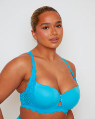 Close-up view of the Daley Lace T-Shirt Bra in Bluebird Blue, highlighting the smooth moulded cups, feminine floral lace accents, and centre-front keyhole detail for a refined finish.