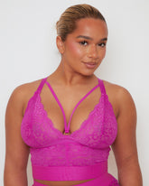 Close-up of the Gia Bralette in Vibrant Purple, showcasing delicate floral lace, signature front strap detail with gold-tone ring, and a supportive longline silhouette designed for fuller busts.