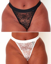 Millie-Mae Twin Pack Thongs in Midnight Black and Ice White featuring sheer floral lace, high-leg styling and comfortable curve-loving fit in sizes up to plus size.