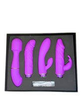 Set of purple sex toys in a black box on a white background