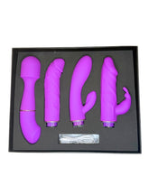 Set of purple sex toys in a black box on a white background