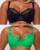 Tutti Booster Bra Twin Pack in Luscious Liquorice and Ample Apple with underwired plunge cups, supportive fit and decorative lace.
