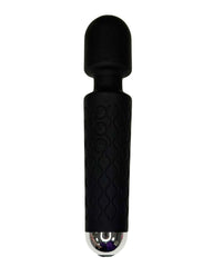 Black handheld massager with a metallic detailing on a white background