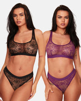 Millie-Mae Twin Pack Crop Bralettes and Brief Set : Black & Velvet Purple