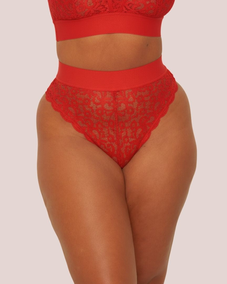 Front view of the Hallie Brazilian Brief in Chilli Pepper Red from Tutti Rouge, featuring floral lace detailing, a high-waisted silhouette, and a comfortable stretch waistband.