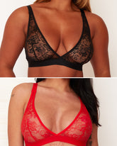 Two images of lace bras, one black and one red, on a neutral background.