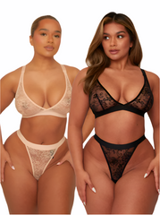 Millie-Mae Twin Pack Triangle Bralettes & Thong Set : Black & Blush Pink