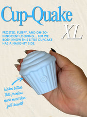 Light blue cupcake-shaped discrete sex toy held in a hand with promotional text on a beige background