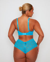 Back view of the Daley Lace T-Shirt Bra and Short in Bluebird Blue, featuring adjustable shoulder straps with heart-shaped hardware, a secure hook-and-eye fastening, and a delicate lace thong design.