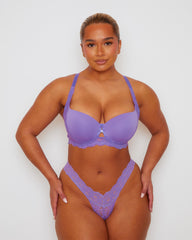 Angled front view of the Daley Lace T-Shirt Bra and Thong in Amethyst Orchid, showcasing the supportive contour cups, soft lace trim, and flattering high-leg thong silhouette.