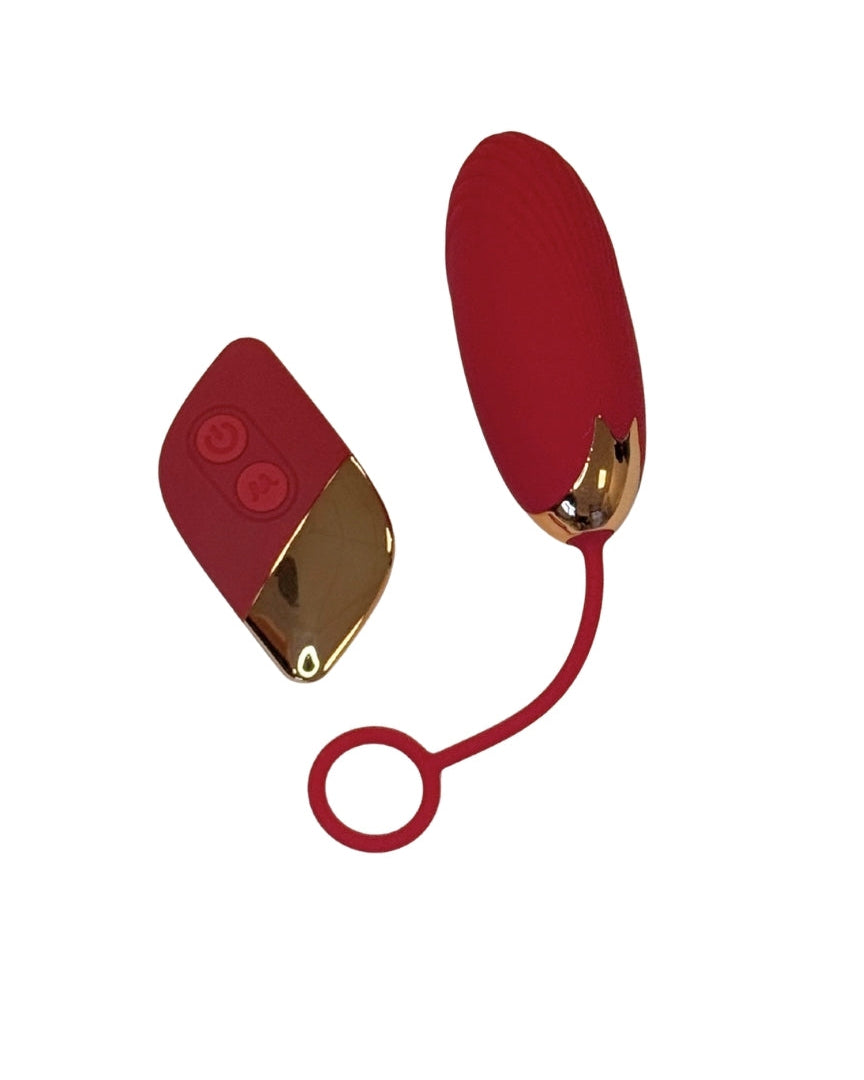 Red and gold device on a white background