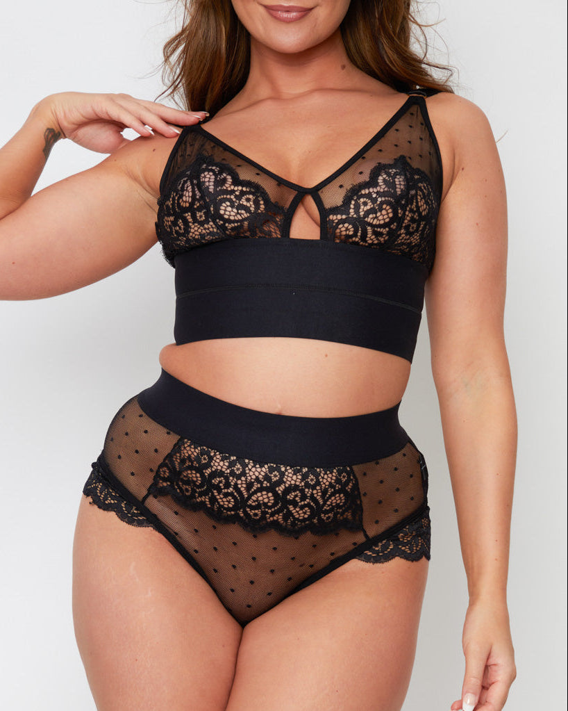 Full-length front view of the Morgon Bralette and Brief set in Midnight Black, combining romantic lace, sheer mesh, and contemporary cut-out details for a bold, feminine look.