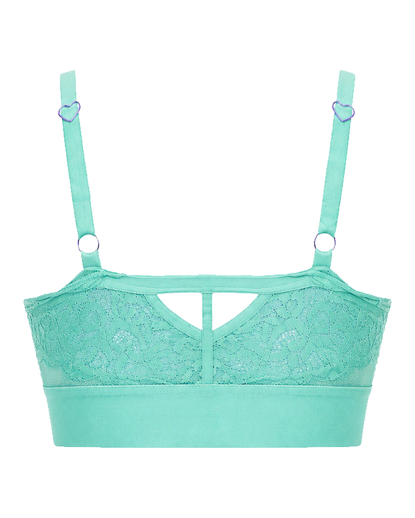Back view of the Tutti Rouge Gia Bralette in Ocean Wave, showcasing delicate floral lace, adjustable shoulder straps with signature heart-shaped sliders, a supportive wide underband and keyhole back detail.