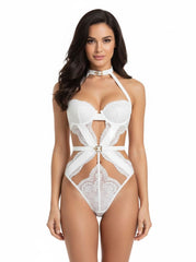 White lace lingerie set worn by a model on a white background