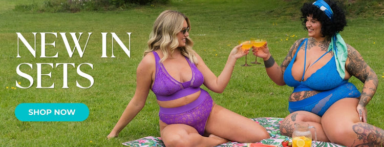 Two models wearing purple and Dazzling Blue lace lingerie sets relax on a picnic blanket outdoors while toasting drinks. Promotional text reads "New In Sets" alongside a "Shop Now" call-to-action button.