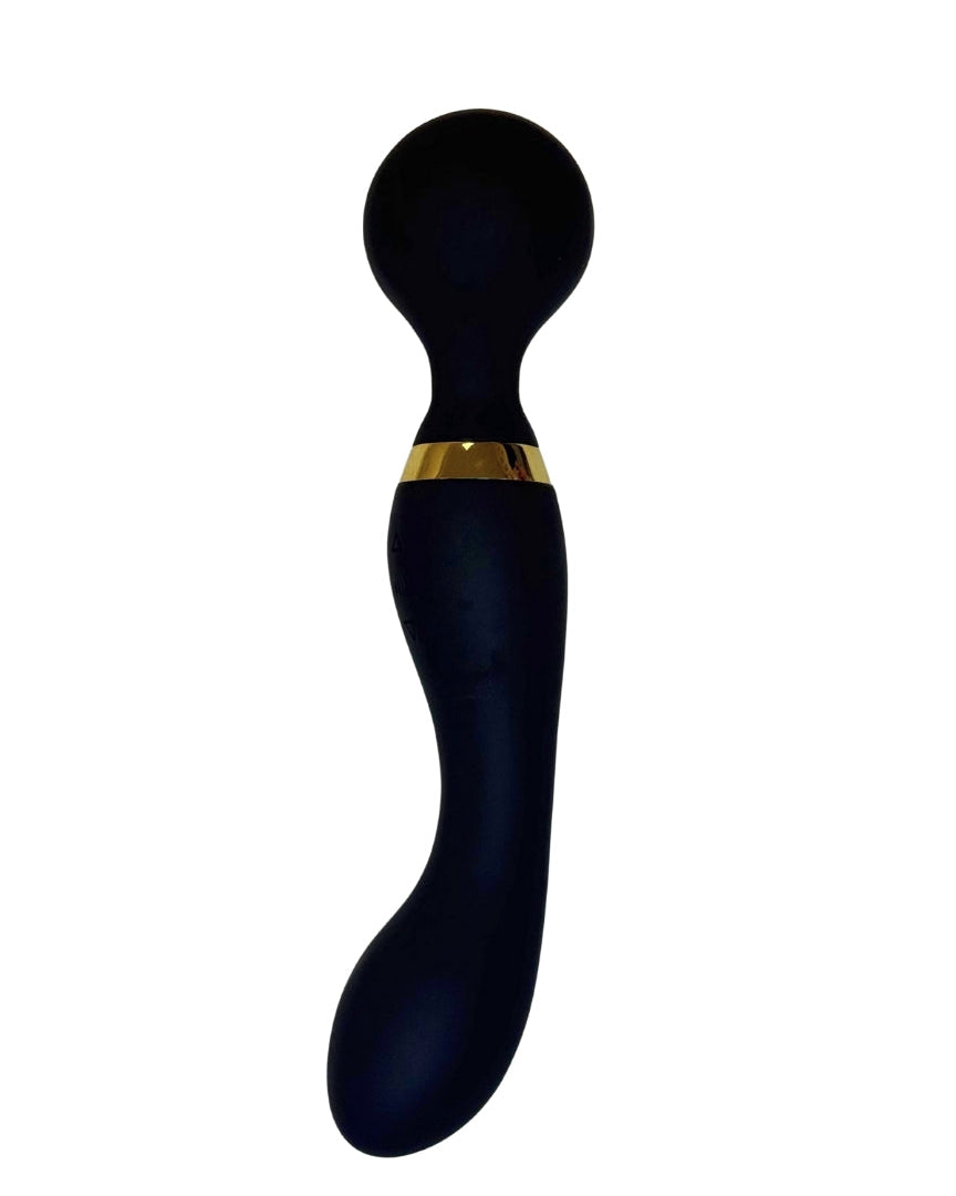 Black massage roller with gold accent on a white background